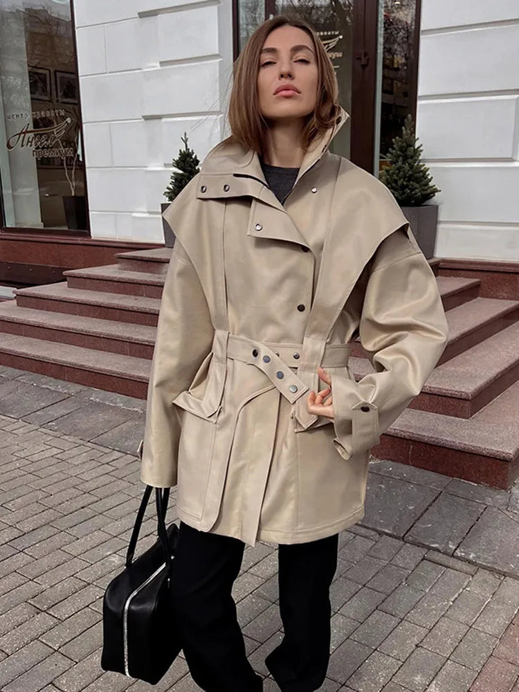 Solid Oversized Tie-waist Cropped Trench Coat Women Drop Shoulder Outerwear 2026 Lady Spring Modern Edgy Fashion Streetwear Coat