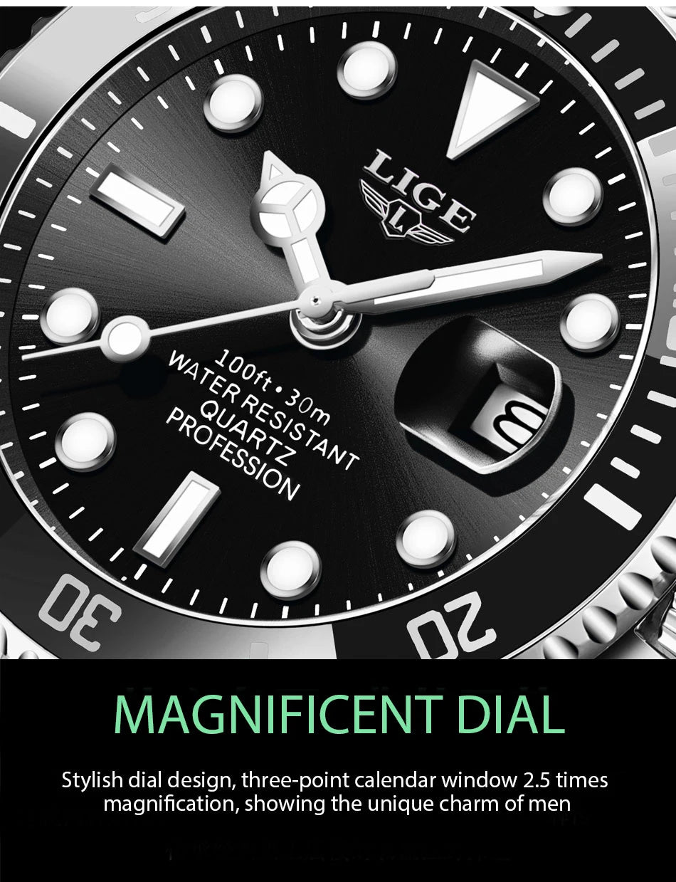 LIGE Top Original Men Quartz Watches Blue Waterproof Watch for Men Stainless Steel Quartz Men Luxury Watch Luminous Wristwatch
