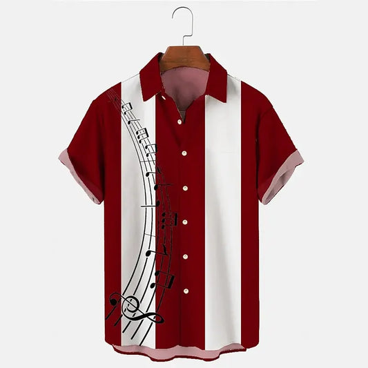 Men's Shirt Casual Buttoned Cardigan 3D Music Symbol Print short-sleeved Shirt Simple Striped Open Lapel Top