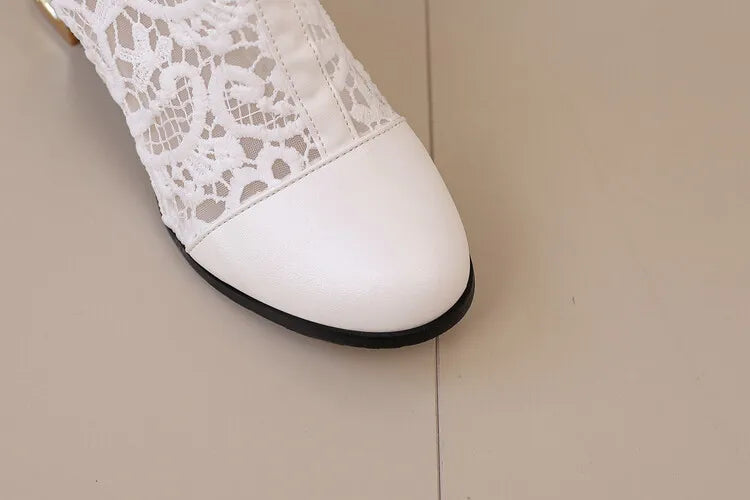 Vintage Hollow Embroider Mesh Surface Knee Length Women's Boot  5.5cm Thick Heel Fashion Women's Boot 34-47 Summer Cool Boots
