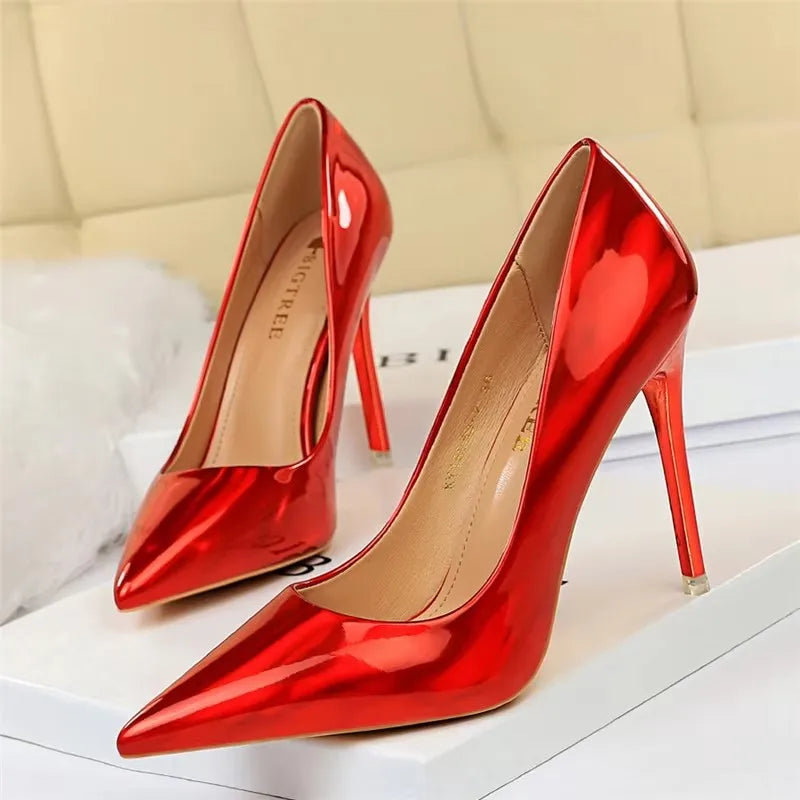 2026 Women 10.5cm High Heels Blue Green Valentine Pumps Luxury Glossy Stripper Stiletto Wedding Bridal Fetish Shoes Plus Size 43