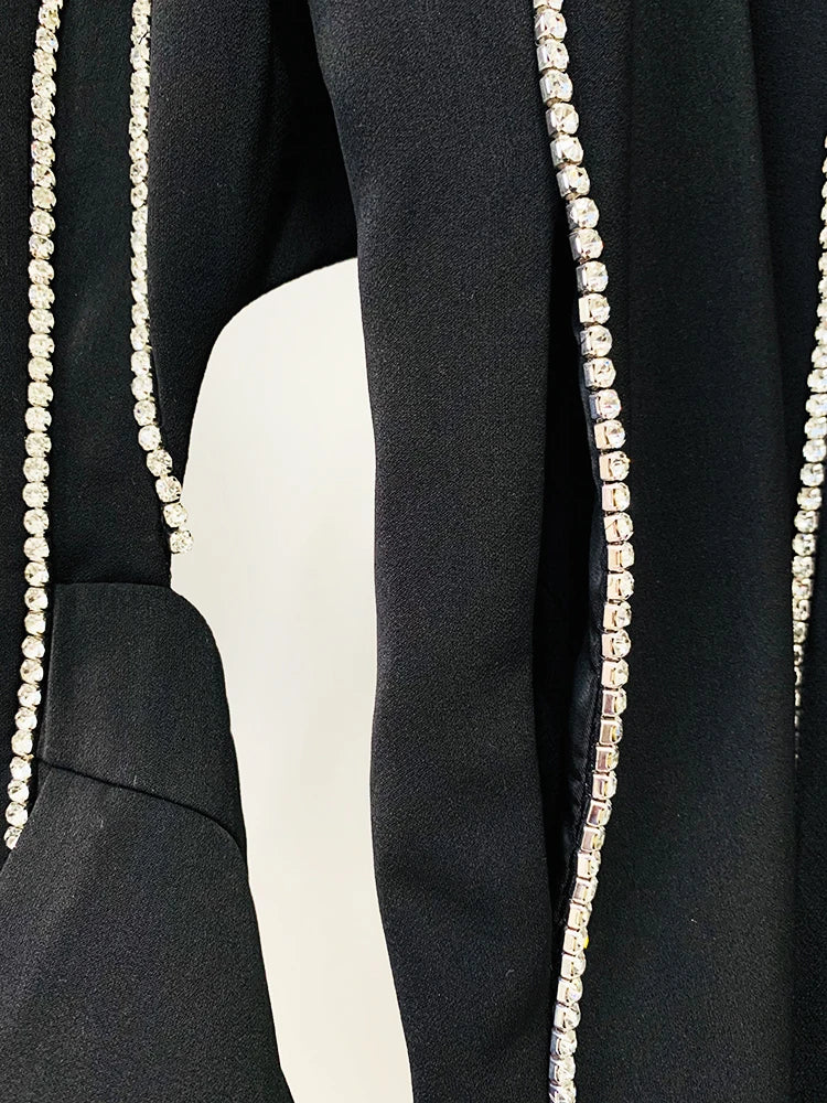 HIGH STREET Newest Fashion 2026 Designer Suit Set Women's Single Button Hollow Out Diamonds Beaded Blazer Flare Pants Set