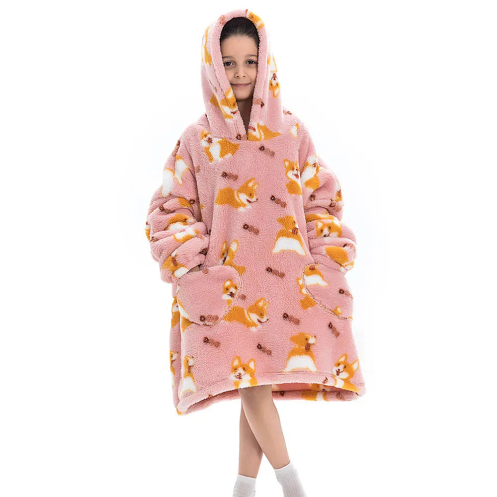 Girls Winter Clothes Flannel Thick Hoodies Super Warm Children's Sweaters Kids Hooded Loose Clothing Homewear Wearable Blankets