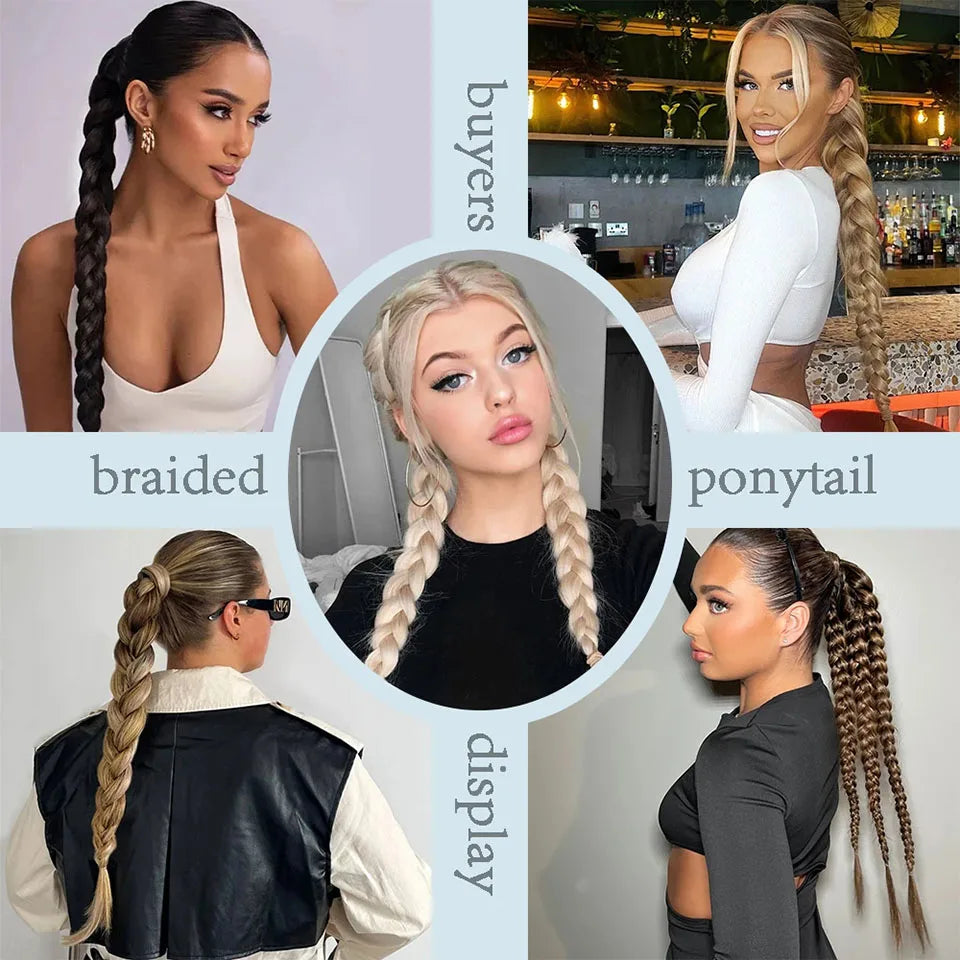 Synthetic Braided Ponytail Hair Extension With Rubber Band Boxing Braids For Women Hair Accessories 24Inch Long Black Braids