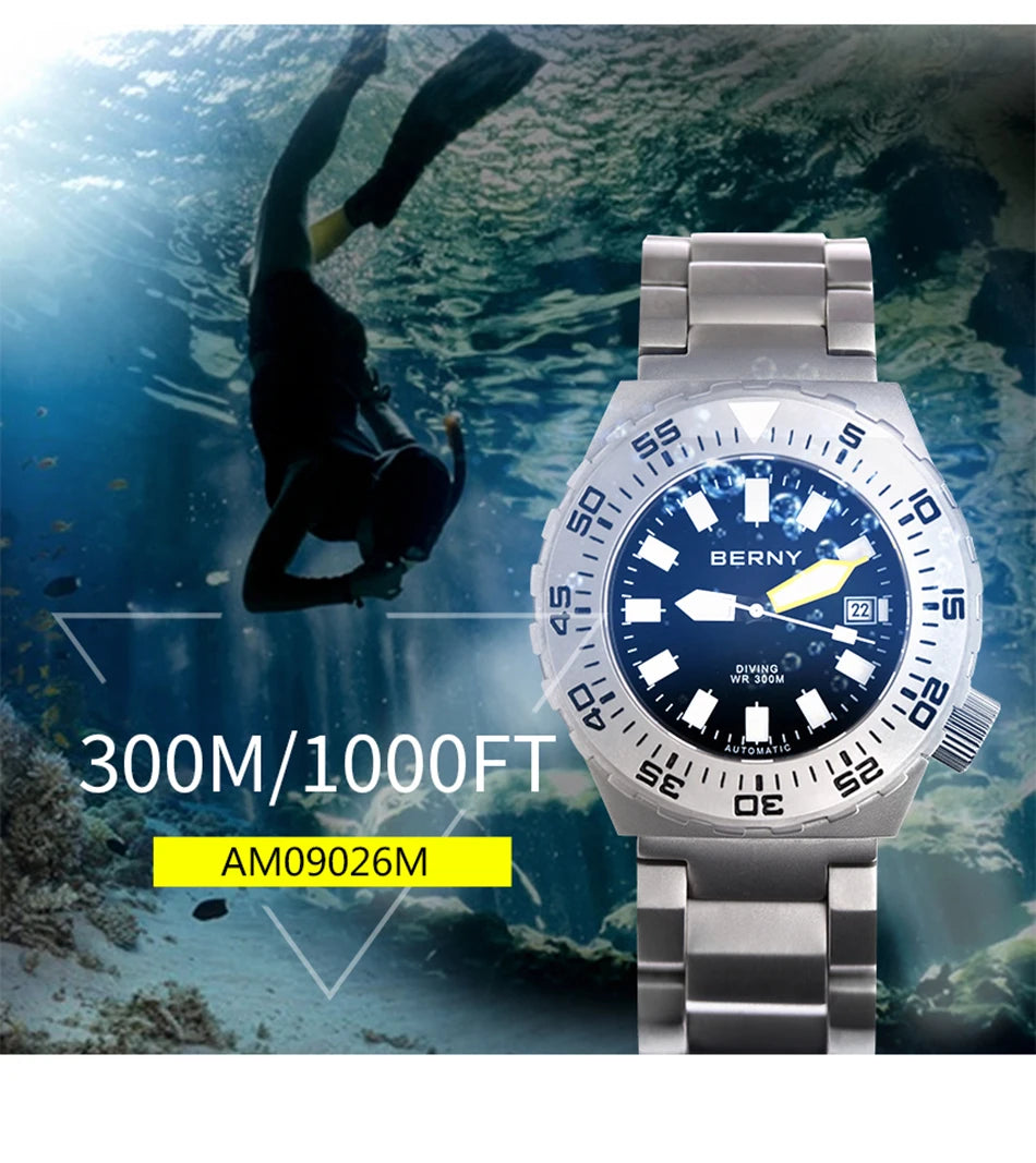 BERNY Automatic 30ATM Diver Men Watch Mechanical Wristwatches Waterproof Male Top Super Luminous Sapphire Sport Diving Watches