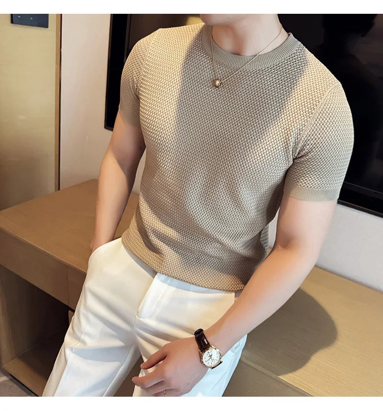 Summer Breathable T-Shirts For Men Korean Luxury Clothing O-Neck Short Sleeve Knitted Men's T Shirt Fashion Hollow Tops&Tees 3XL