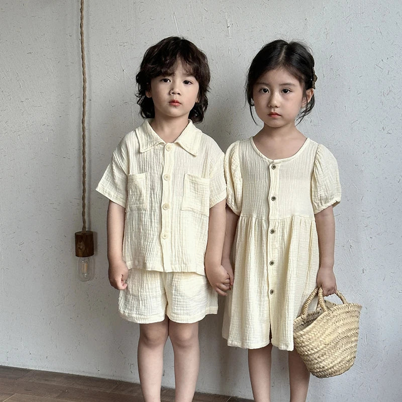 Children's Summer Clothing Set Boys' Short Sleeve Shirt Shorts 2pcs Casual Suit Girls' Solid Color Dress Sister Brother Outfit