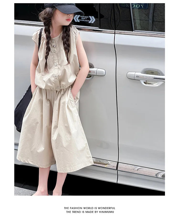 2025 Girls Summer Casual Outfit Big Kids Short Sleeve Top Capris Pants Two Piece Set Matching Big Kids Fashion Suit Holiday Wear