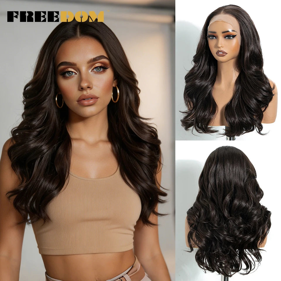 FREEDOM Synthetic Lace Front Wigs For Black Women 13x4 Free Part Body Wave Lace Wig 20 Inch Ombre Brown Highlight Cosplay Wigs