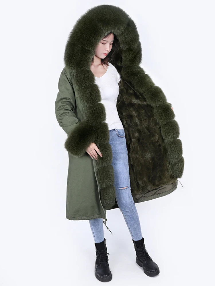 Maomaokong Winter Woman Natural Fur Overcoat Plus Size Black Parkas Raccoon Real Fur Lining Extra Larg Warm Jacket Coats Long