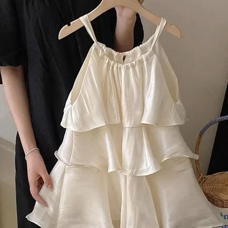 Summer New Style Baby Girls Sweet Dress Korean Fashion Children's Clothing Kids Girls Ruffled Edge Small Fresh Suspender Dress