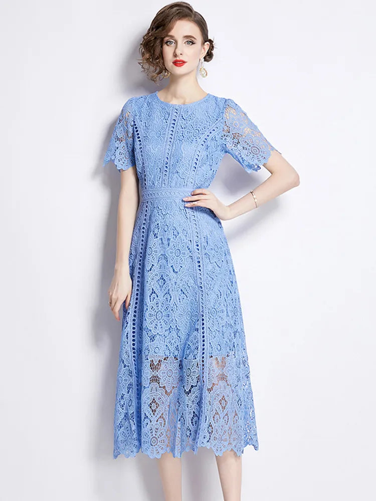 SMTHMA Vintage High-End O-Neck Short Sleeve Lace Hollow Out Dress For Women's Summer Slim Elegant Long Dress Female Clothing