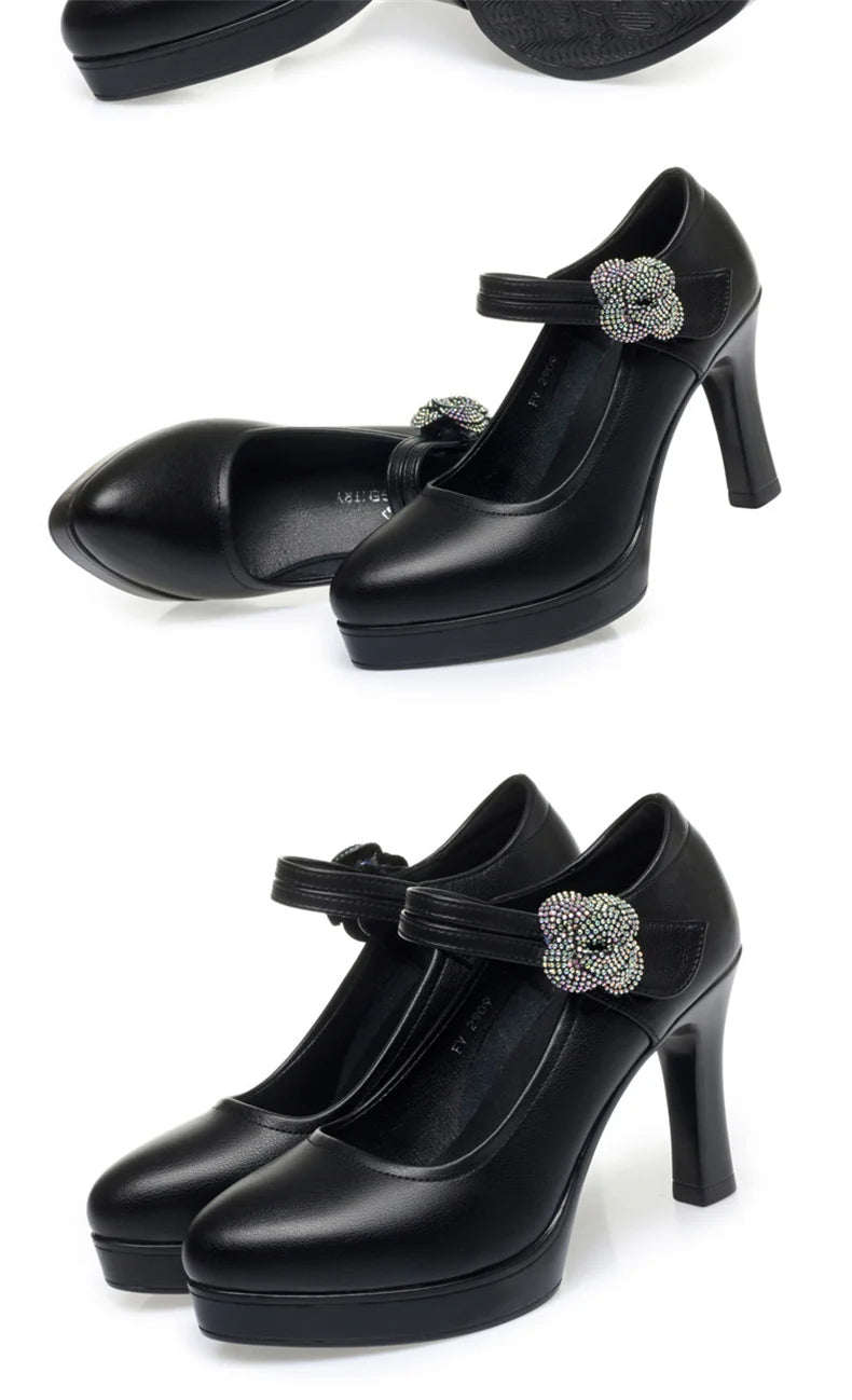 Women's Pumps Pointed Toe Office Soft Leather Flower Buckle Strap Platform High Heels Four Season Shallow Mouth Single Shoes