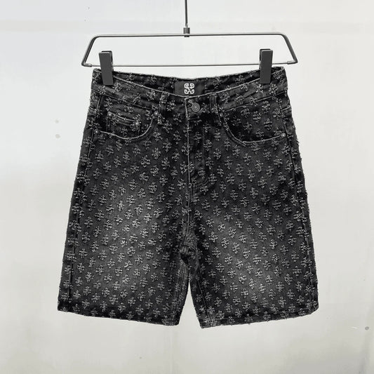 American Y2K Light Luxury Quality Retro Denim Shorts Summer Hip Hop INS Men Loose Shave Jacquard Couple Denim Five Point Pants