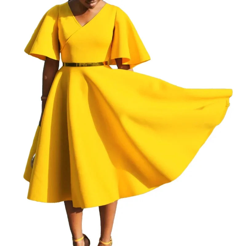 African Elegant A-line Midi Dress For Women Summer Fashion Casual Robe Femmes New Flare Sleeve Club Party Sexy Dresses Vestidos