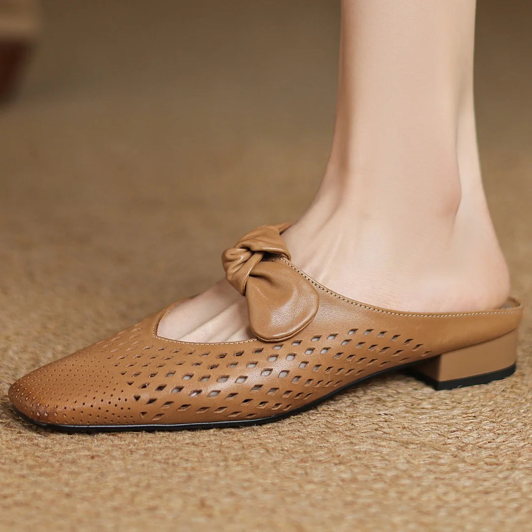 2025 Summer new plus size 34-41 women's hollow-out cow leather slip-on flats summer slides sandals sweet bowtie elegant mules