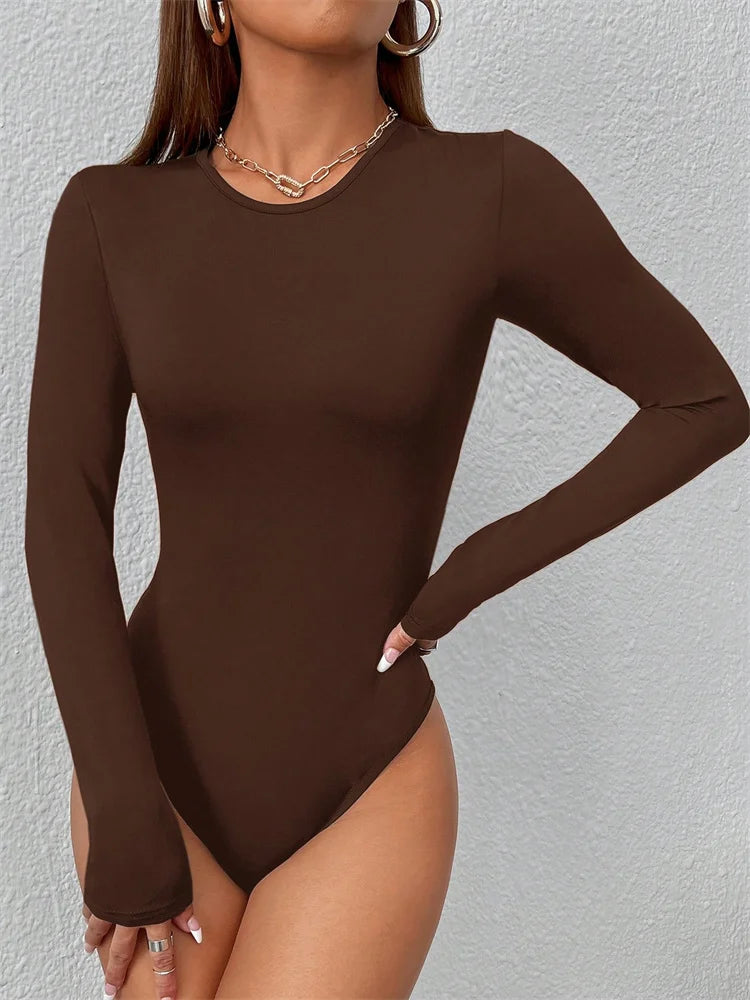 Women Basic Long Sleeve Round Neck Blouse Bodysuit Autumn Winter Casual Solid Color Slim Fit Bodycon Jumpsuit Streetwear