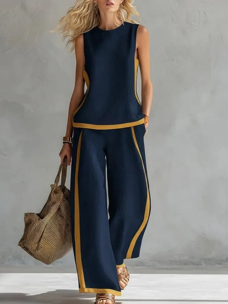Women Two-piece Sleeveless Contrasting Color Wide-leg Trousers Suit - Loose O-Neck Pocket Sportswear Matching Set for Streetwear
