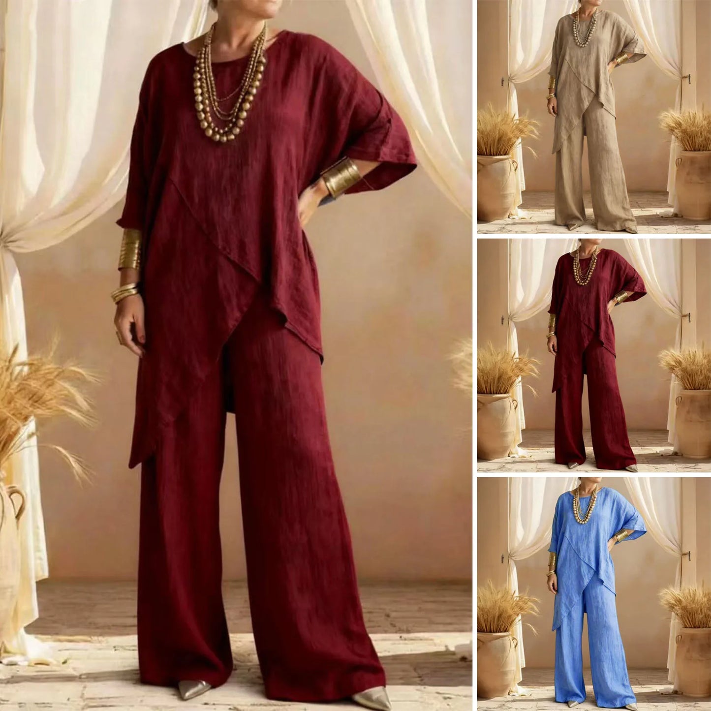 Women's Cotton Linen 2-piece Sets Large Size Casual Wear Sportswear Suit Short-Sleeved O-Neck Top Wide Leg Pants Suits For Women