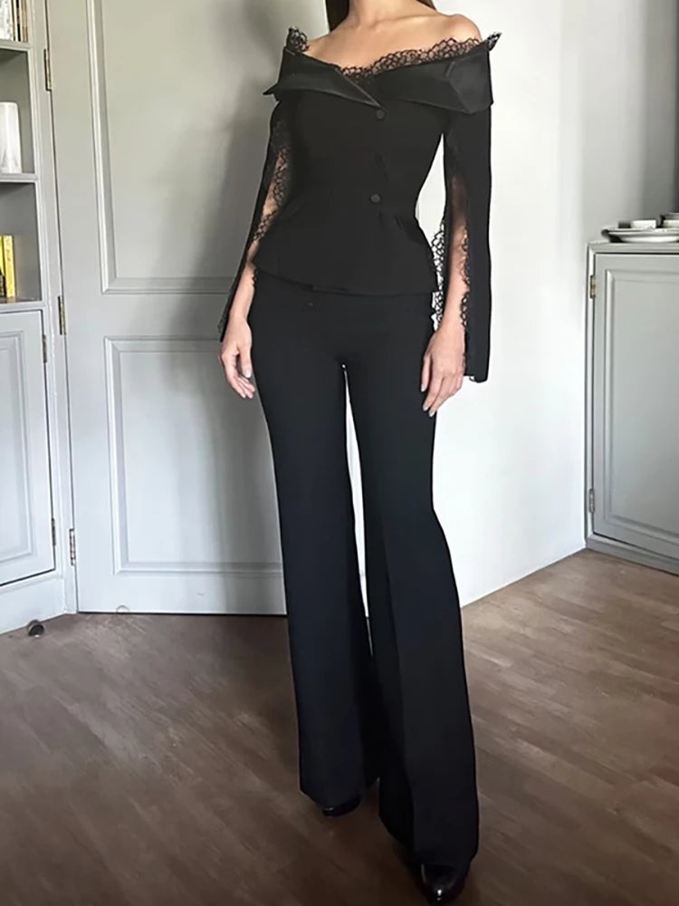 QMQA Fashion Women's 2 Pcs Set Slash Neck Long Sleeveless Patchwork Lace Blazer High Waist Slim Pants Sets Female New 1A656