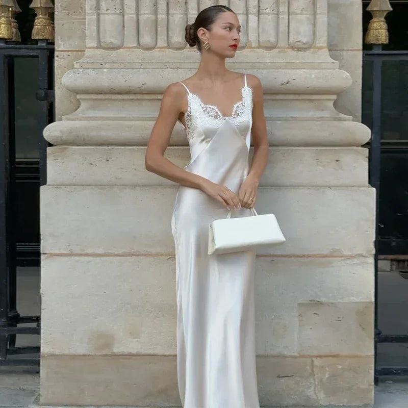 Women V-neck Satin Sling Maxi Dress Sexy White Lace Patchwork Sleeveless Backless Slim Gowns 2026 Evening Party Chic Dresses New