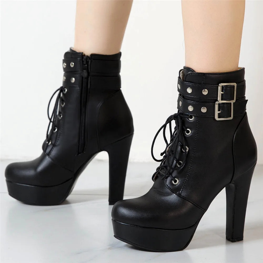 Women Ankle Boots Platform Lace-Up High Heels Short Boot Female Buckle Autumn Winter Red Yellow White Sexy Shoes Large Size34-46