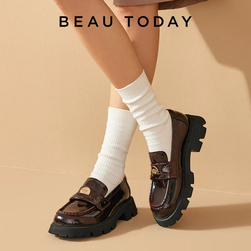 BEAUTODAY Penny Loafers Women Genuine Leather Moccasin Square Toe Metal Buckle Laides Platform Shoes Handmade 26424