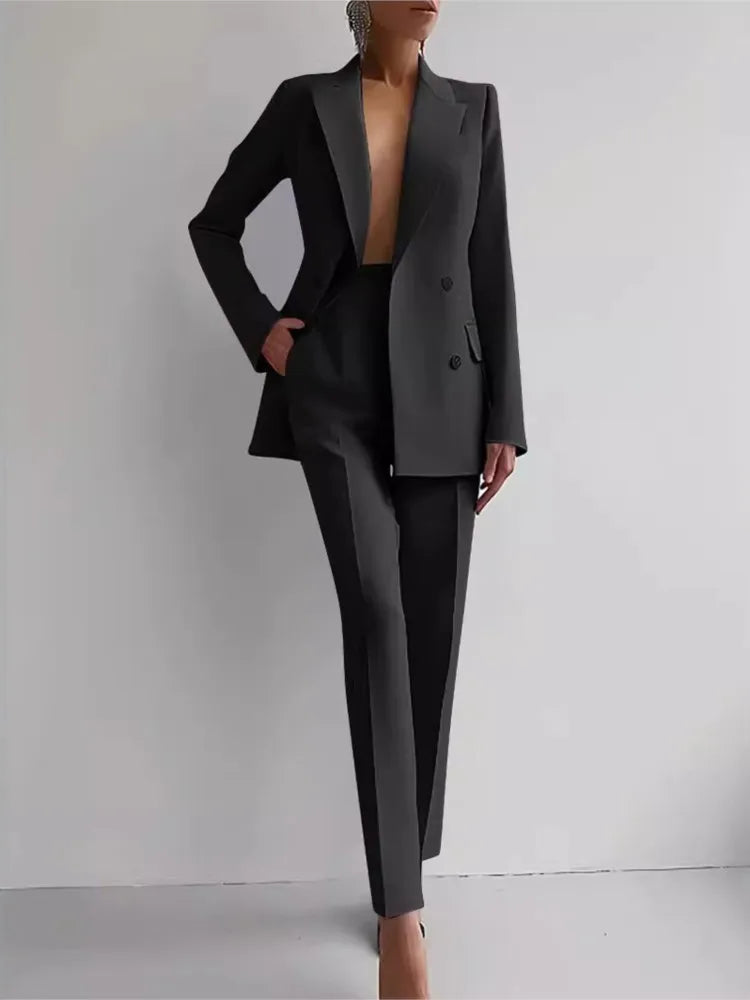 Spring Casual Long Sleeve Two Piece Blazer Pants Suit For Women Office Wear