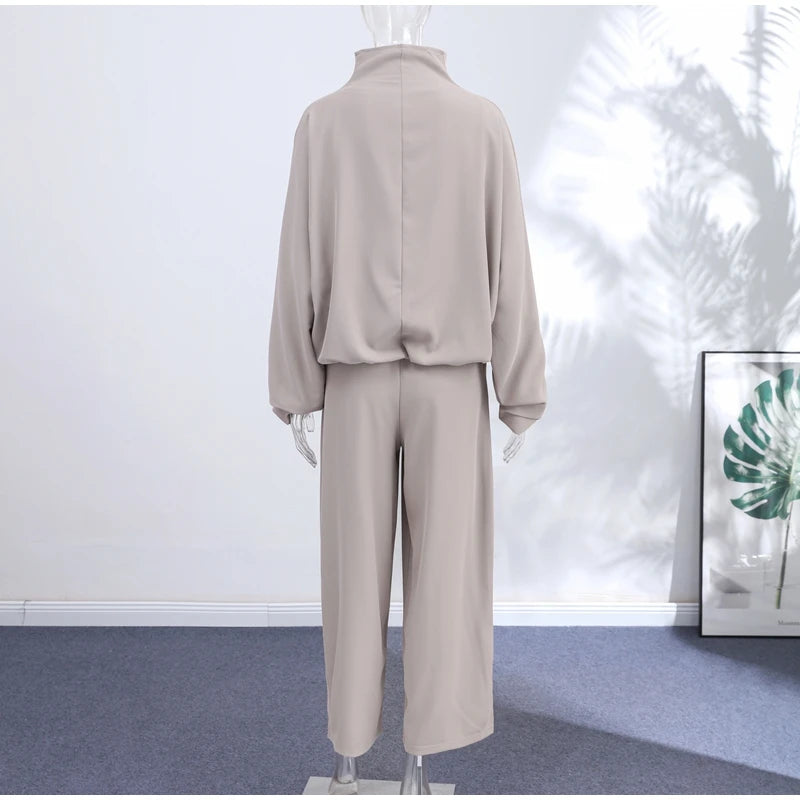 Casual Zipper Shirt Pants Suit Women Solid Button Stand Collar Drawstring Shirts Loose High Waist Trousers 2026 Spring Set Lady