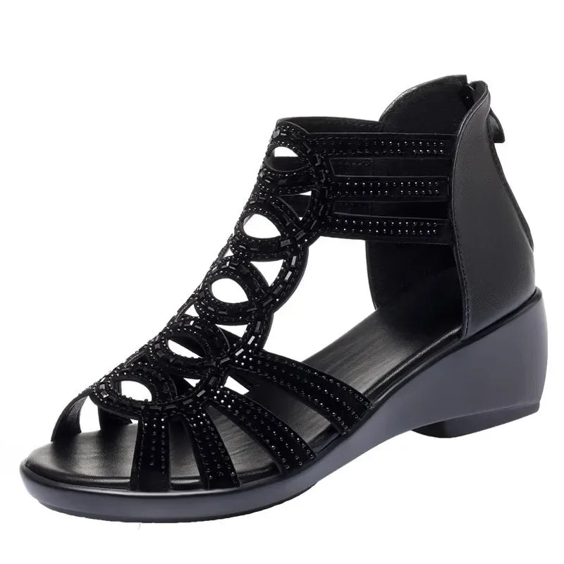Women Sandals Wedges 2025 New Summer Comfortable Hollow Roman Sandals Elegant Low Heel Shoes for Women Fashion Zapatos De Mujer