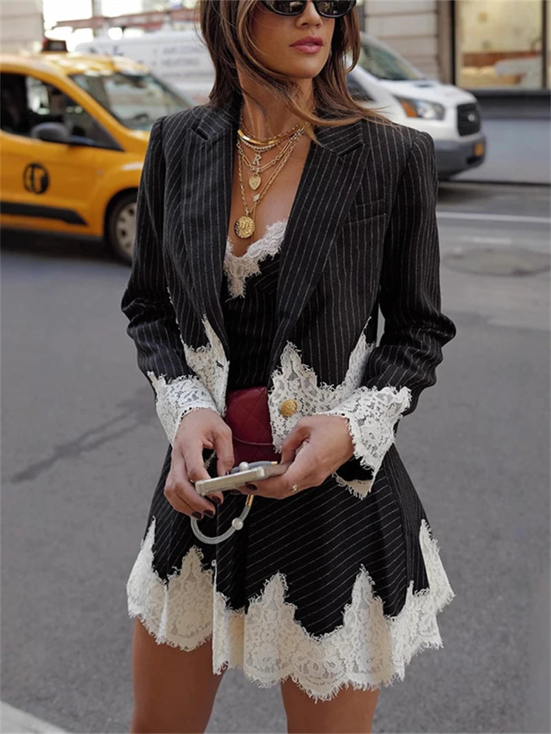 Fashion Striped 2 Piece Sets Women Outfit Spring Clothing Women Lace Patchwork Blazer V-Neck Mini Dress Sets Two Piece Woman Set