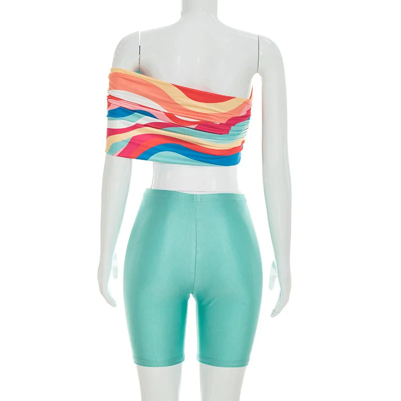 Sexy 2 Piece Set Women Clothes One Shoulder Printed Crop Top and Tight Biker Shorts Matching Sets Outfit Female Streetwear