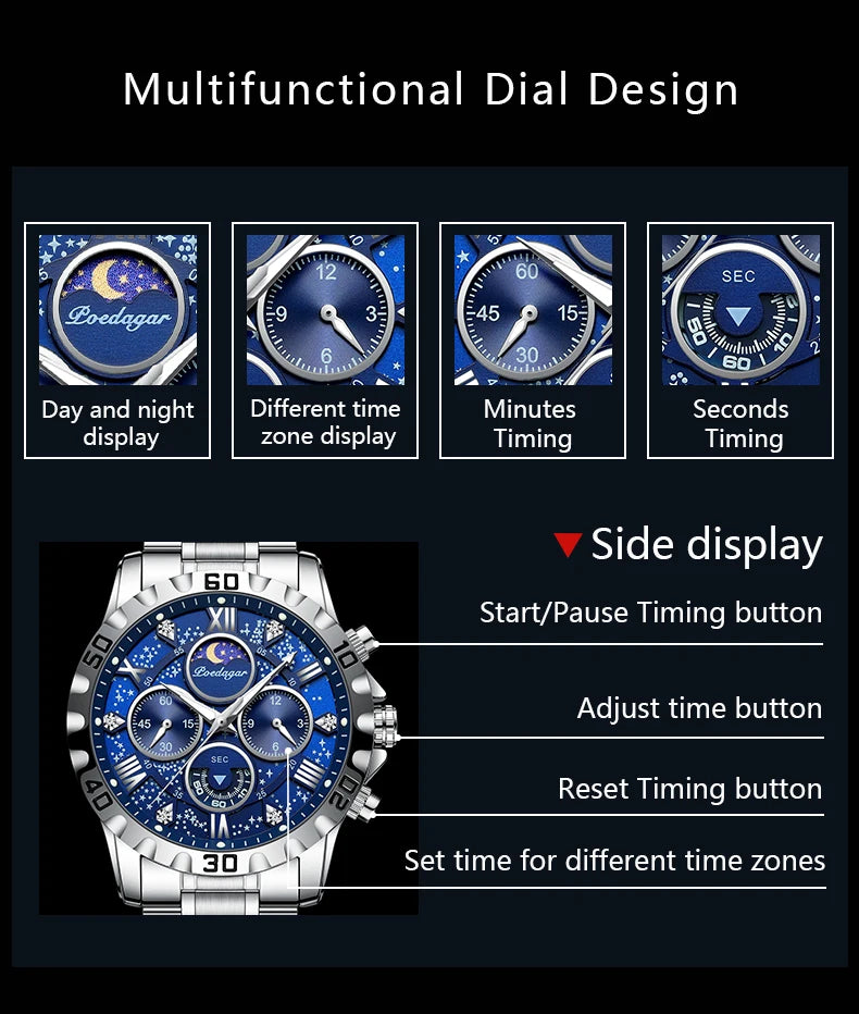 POEDAGAR Trendy Men Watch Chronograph Waterproof Luminous Stainless Steel Man Wristwatch Luxury Business Quartz Watches For Men