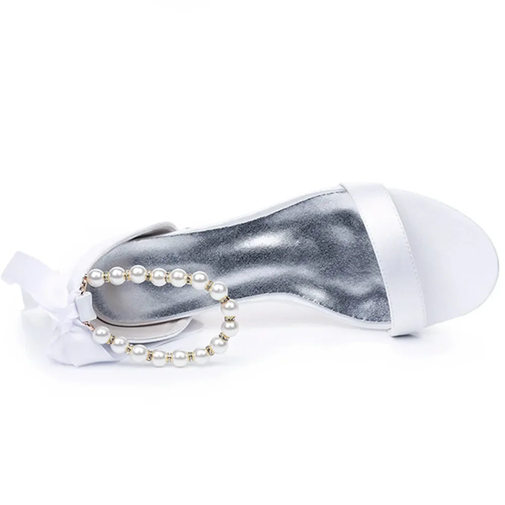 String Bead Sandals for Women Summer Peep Toe Sandals Ladies Fashion Ribbon Bow Thick High Heels Sexy Wedges Wedding Shoes 35-43