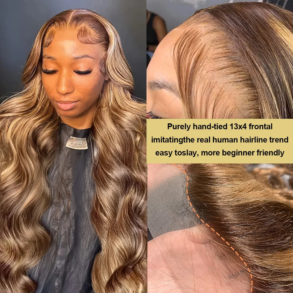 30 40 Inch 4/27 Highlight Body Wave 13x6 Lace Front Wig Brown Color 13x4 HD Lace Frontal Wig Ombre Blonde Human Hair Wig