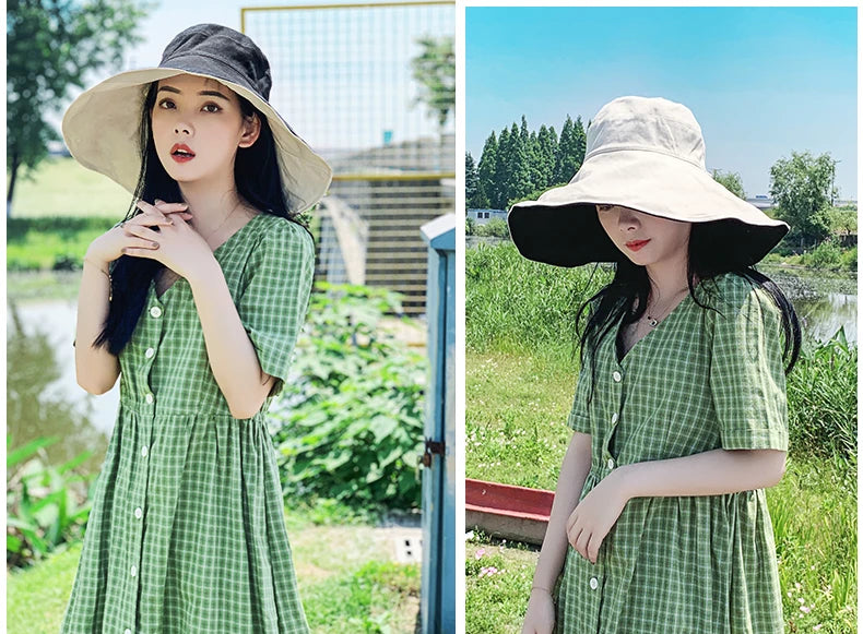 Wide Brim UPF 50+ Sun Hat Women Anti-UV Protection Hiking Fisherman Cap Fold Summer Solid Beach Hat 2024 Double sided Sun hat BAZAARHUBO