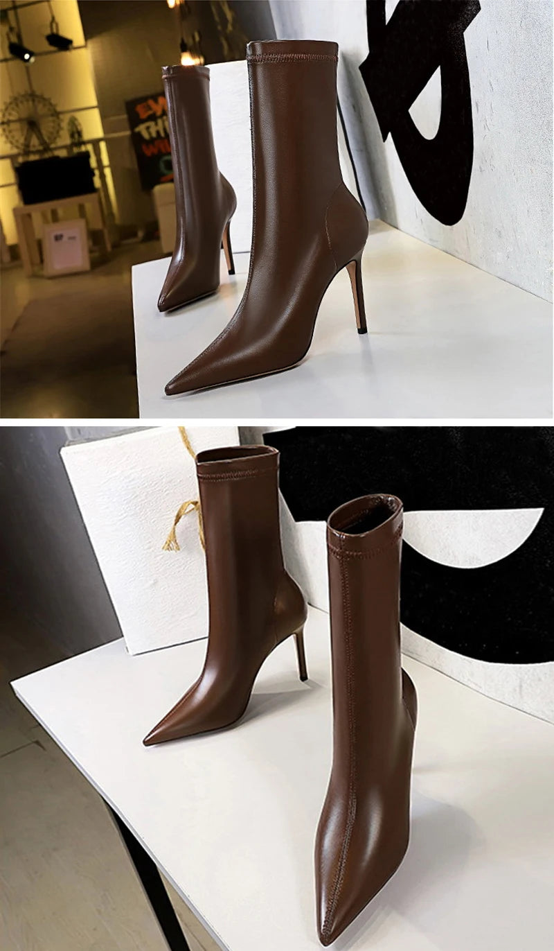 Eilyken Fashion Winter High Quality Soft PU Leather Socks Women Ankle Boots Street Style Pointed Toe Thin Heels Ladies Botines