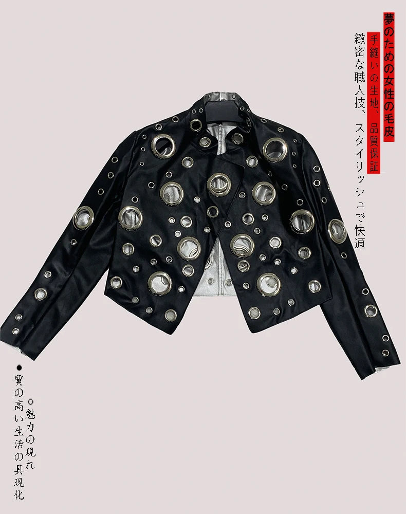 Mauroicardi Spring Short Hollow Out Patchwork Short Pu Leather Jacket Women Cool Luxury Designer European Style Clothes Fashion