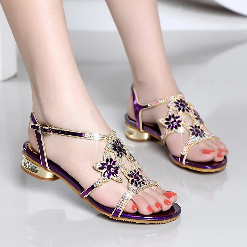 Comemore Ladies Low Block Heel Women's Sandal with Diamonds Outdoor Beach Shoes New Fashion Heeled Sandals High Heels Luxury 33