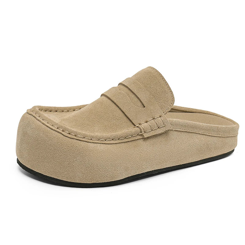 Suede Leather Open Back Casual Shoes Mules Men Backless Loafers Slippers Half Shoes Slip On Flats Vintage Man Slides Sandals