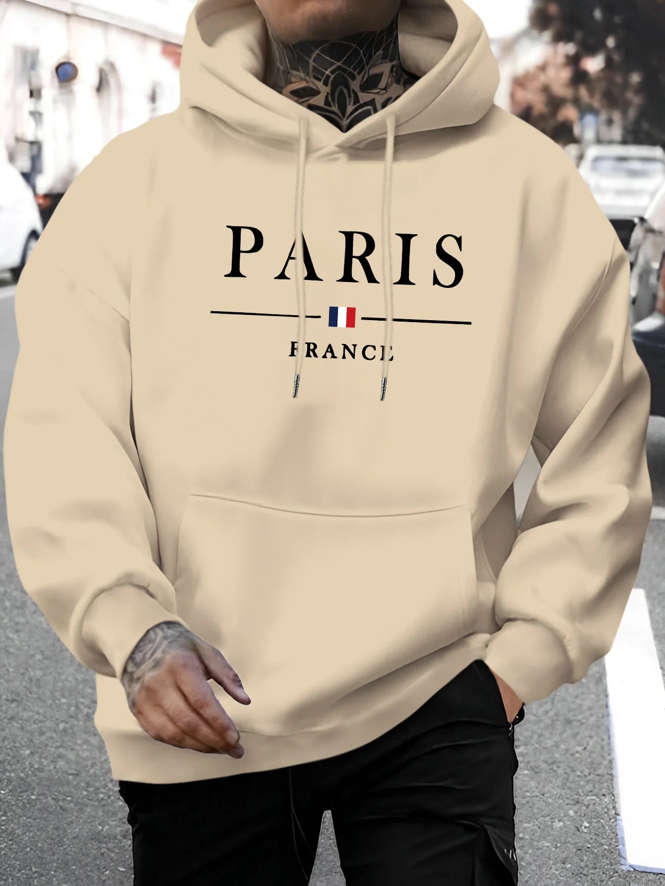 Men's autumn and winter casual fashion loose Paris letter pattern printed long sleeved hooded sweatshirt warm pullover BAZAARHUBO