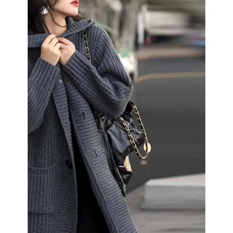 European hooded cardigan women's mid-length 100% cashmere sweater autumn and winter loose high-end lazy wind sweater coat