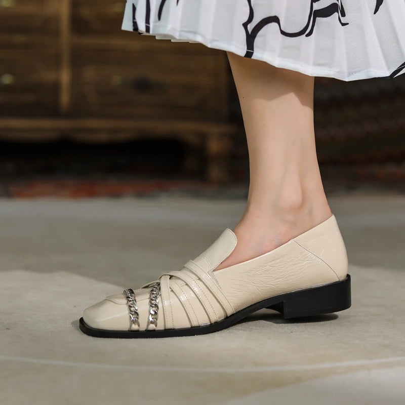 Dilalula 2025 Luxury Genuine Leather Loafers Womens Autum Spring Low Thick Heels Chain Pumps Female Leisure Natural Leather