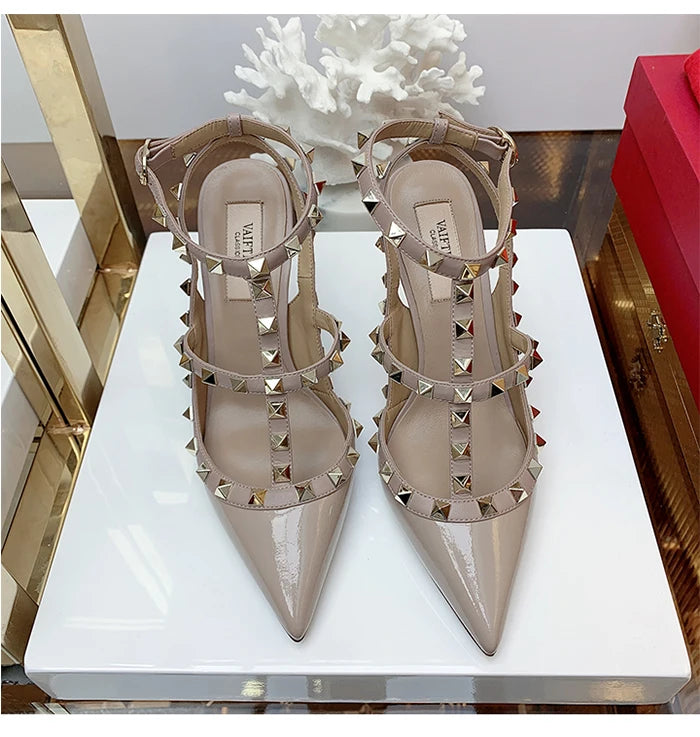 Nude Women's Gladiator sandals Summer 2025 Luxury With Ankle Strap Pointed Toe Fashion Rivet High Heels Party Ladies Shoes Women