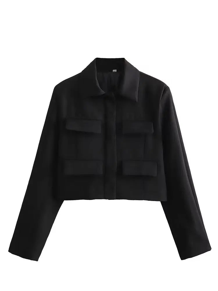 HH Spring Jacket For Women Slim Cropped Coat Elegant Solid Long Sleeve Jacket Front Flap Pocket Outerwear Fashion Streetwear