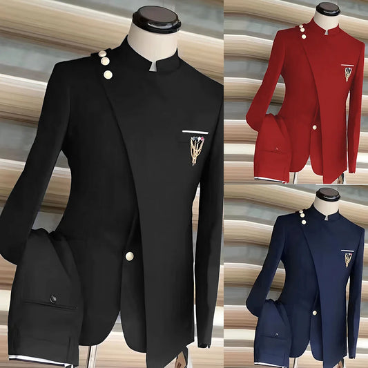African Style Men's Suit 2 Piece Set Single Breasted Blazer Groom Wedding Tuxedo Gold Button Design Formal Jacket Pants 2 Piece