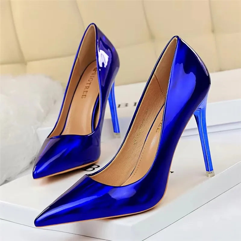 2026 Women 10.5cm High Heels Blue Green Valentine Pumps Luxury Glossy Stripper Stiletto Wedding Bridal Fetish Shoes Plus Size 43