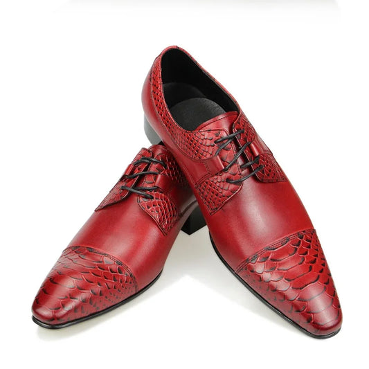 Luxury Wedding Red Shoes For Men Lace Up Fashion Derby Shoes Formal Business Office Genuine Leather Pointed Toe Dress Man Shoe