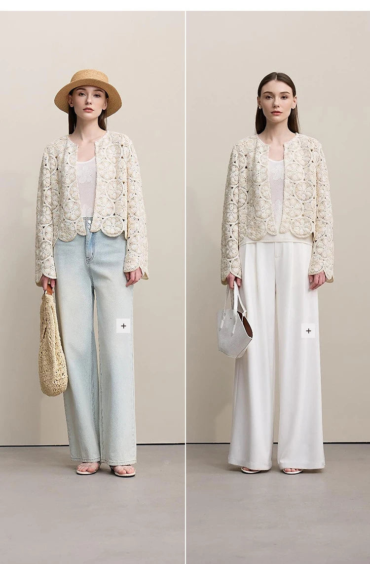Amii Women Jackets 2026 Spring New Elegant Round Neck Hollow Crochet Jacket Women's Loose Short Cotton Long Sleeve Tops 12621069