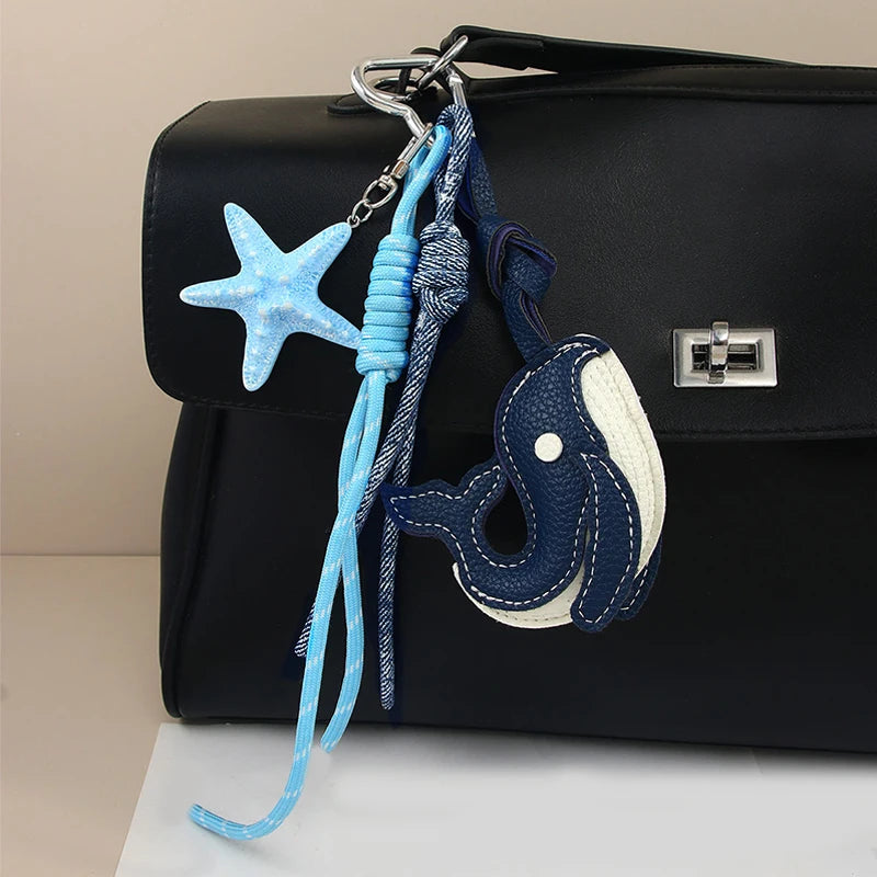 Exquisite Blue Whale Pendant Keychain,Cartoon Cute Starfish Whale Woven Rope Charm Car Bag Decoration Creative Gift
